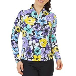 IBKUL Women's Medeline Print Long Sleeve Mock Neck Quarter Zip Top, size M